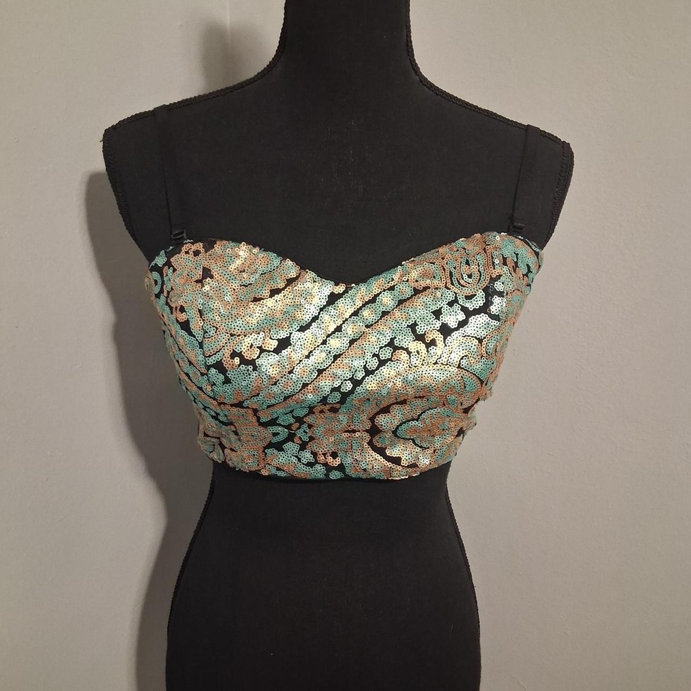 Women's gold and teal sequin crop top with paisley design